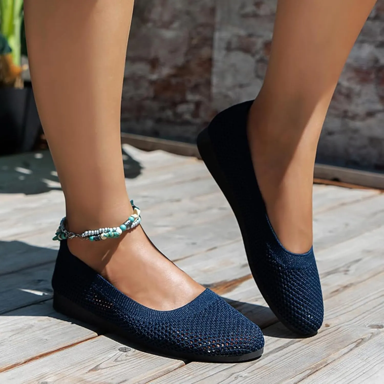 Women's Wide Fit Ballet Flats - Round Toe Slip-On Knit Shoes with Arch Support, Breathable & Comfortable for Work, Formal Dressy Occasions