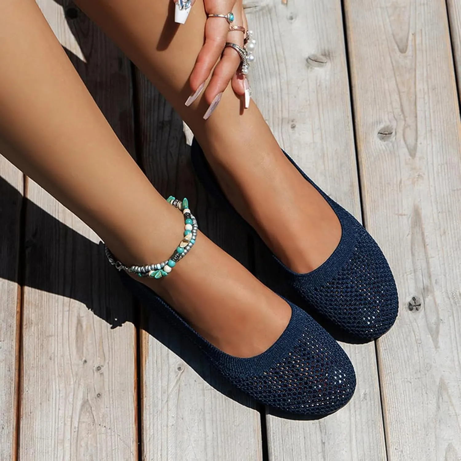 Women's Wide Fit Ballet Flats - Round Toe Slip-On Knit Shoes with Arch Support, Breathable & Comfortable for Work, Formal Dressy Occasions