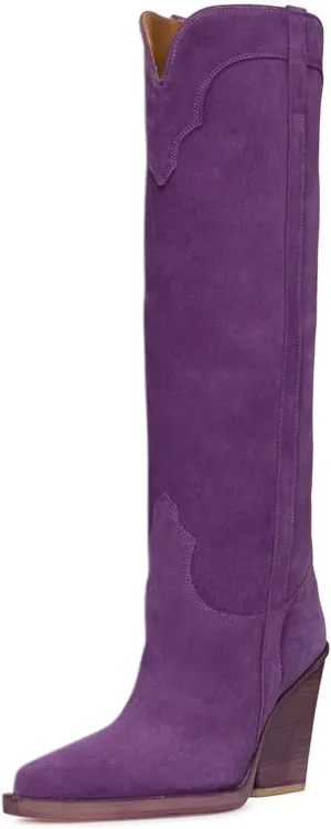 YDN Women Cowgirl Knee High Boots Pointed Toe Long Booties Chunky High Heels Pull On Shoes Party Prom Daily Size 4-16 US