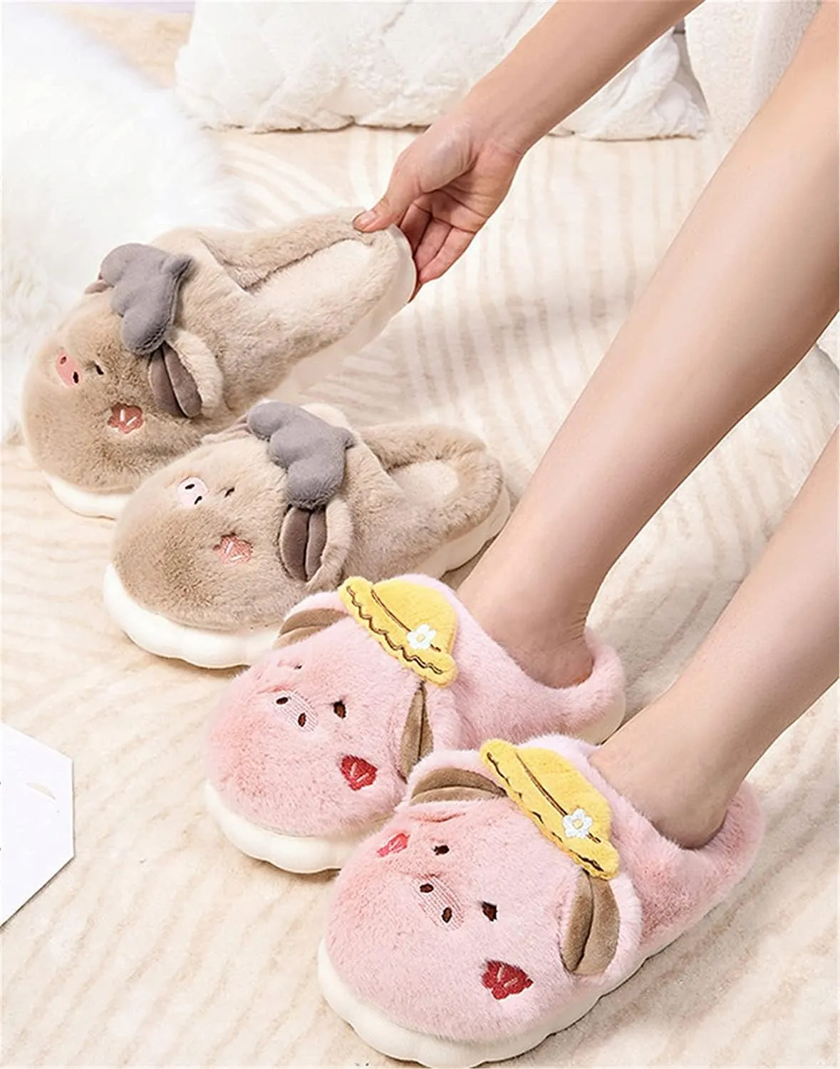 YILANLAN Women's Cute Pig Animal Cow Winter Warm Soft Plush Home Cotton Slippers