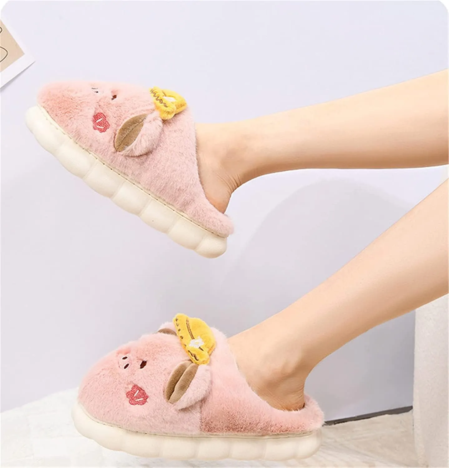 YILANLAN Women's Cute Pig Animal Cow Winter Warm Soft Plush Home Cotton Slippers