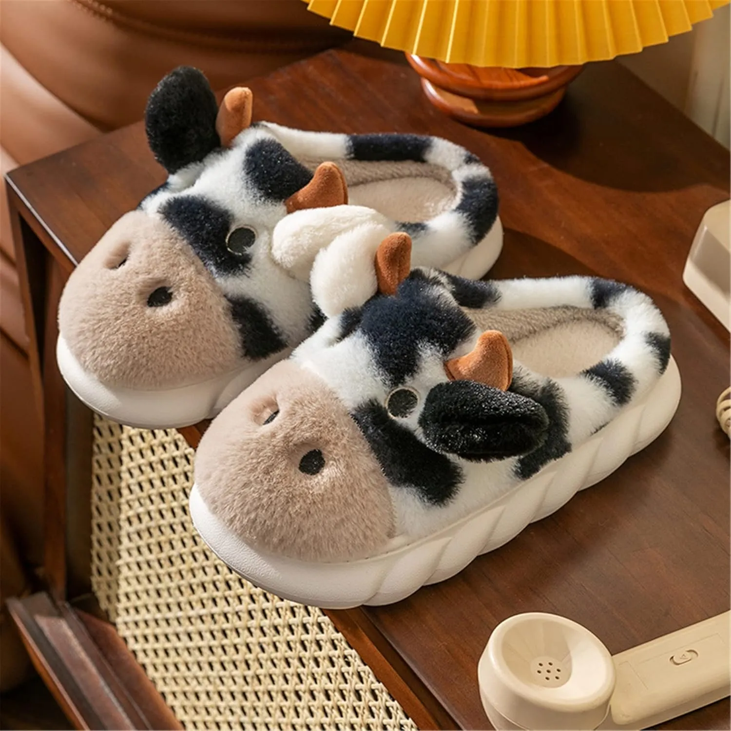 YILANLAN Women's Cute Pig Animal Cow Winter Warm Soft Plush Home Cotton Slippers