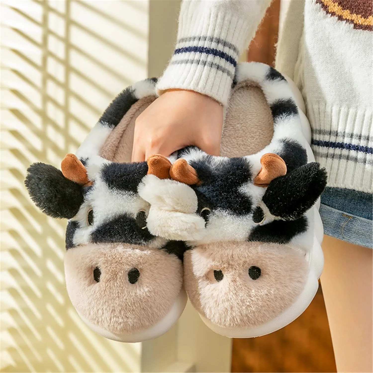 YILANLAN Women's Cute Pig Animal Cow Winter Warm Soft Plush Home Cotton Slippers