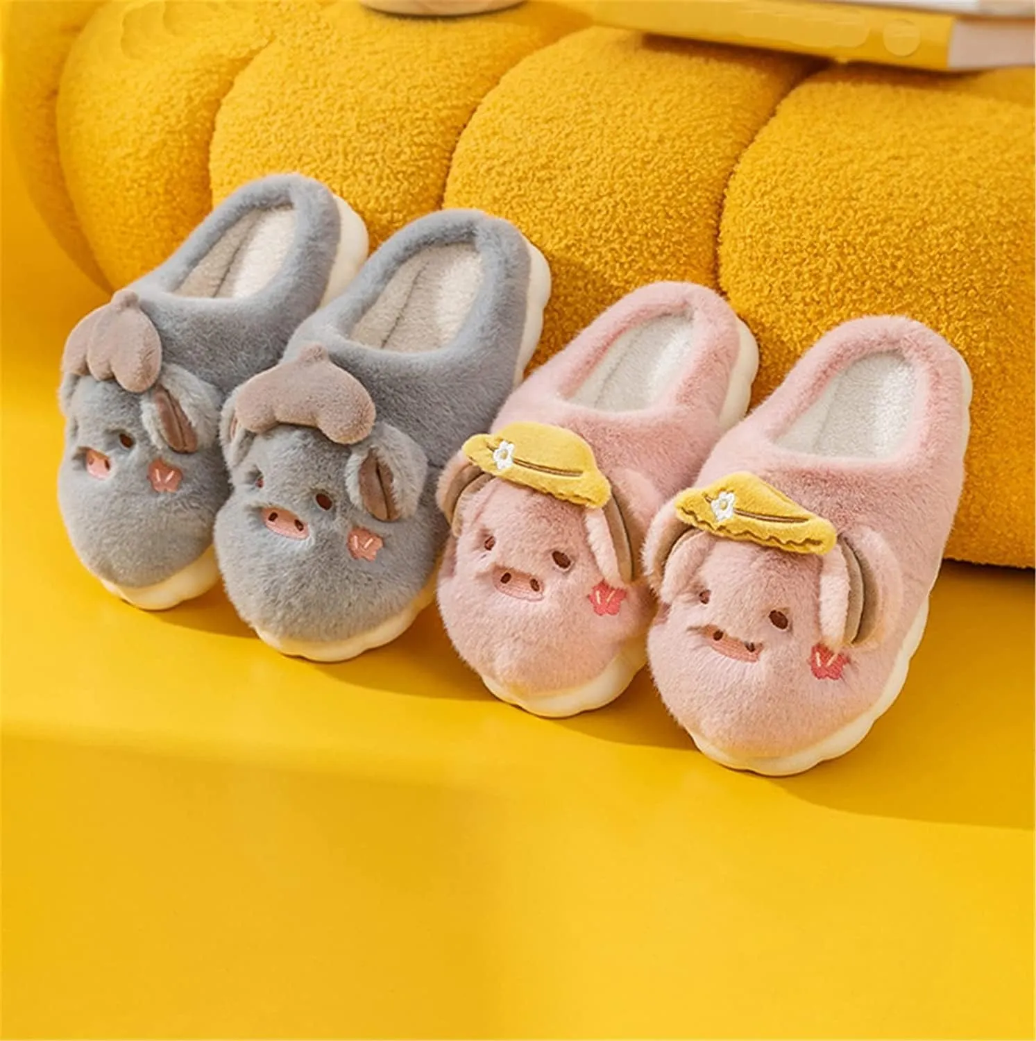 YILANLAN Women's Cute Pig Animal Cow Winter Warm Soft Plush Home Cotton Slippers