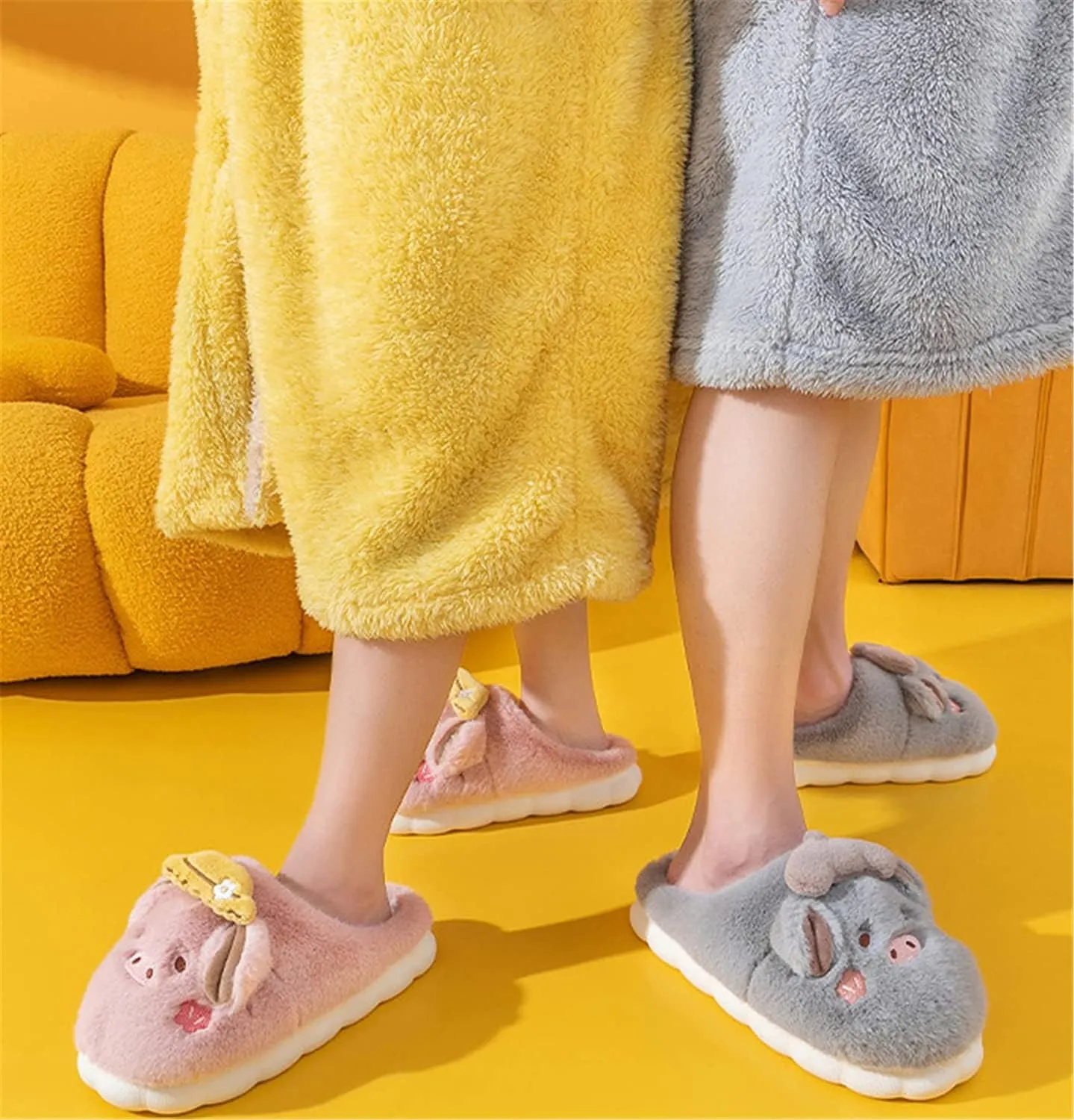 YILANLAN Women's Cute Pig Animal Cow Winter Warm Soft Plush Home Cotton Slippers