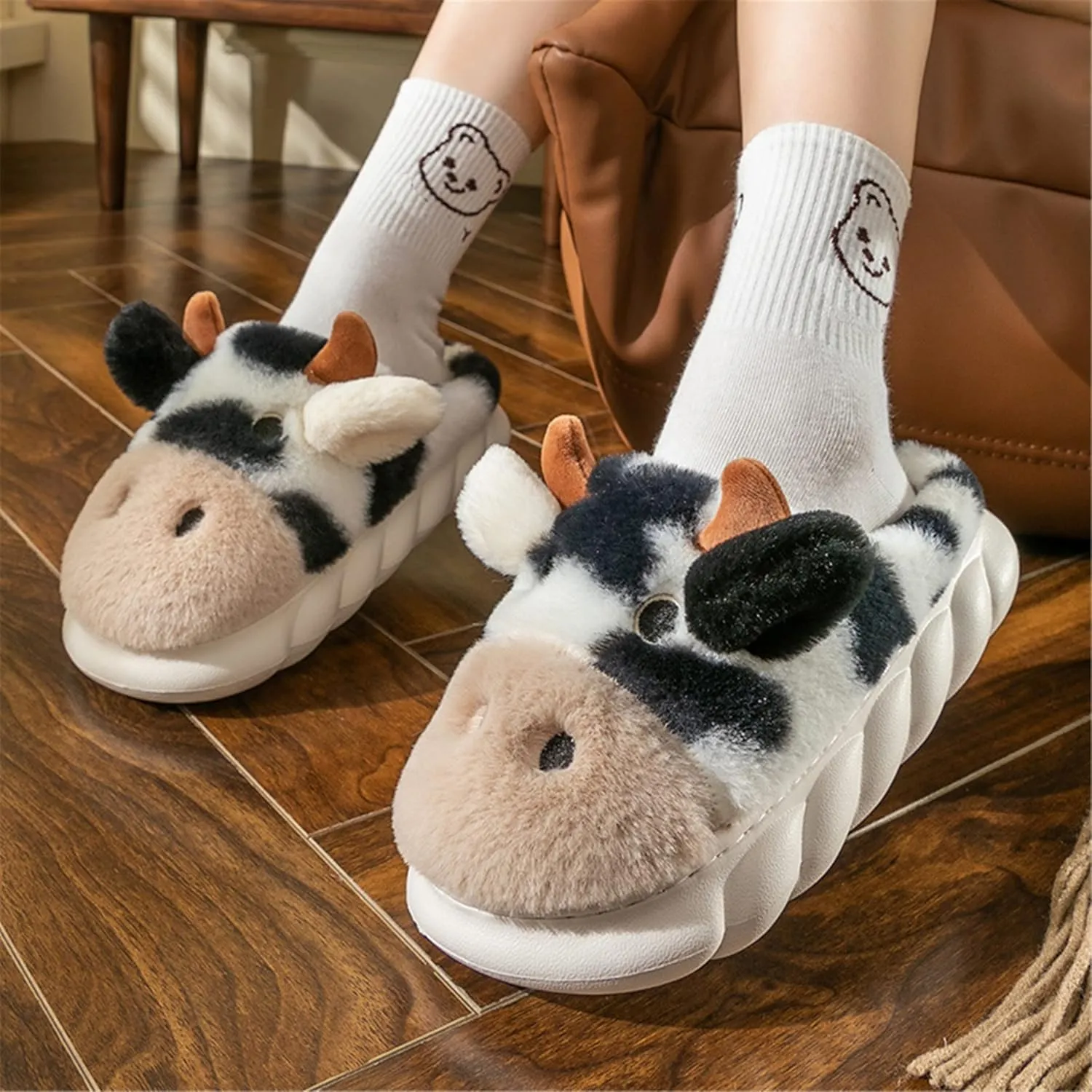 YILANLAN Women's Cute Pig Animal Cow Winter Warm Soft Plush Home Cotton Slippers