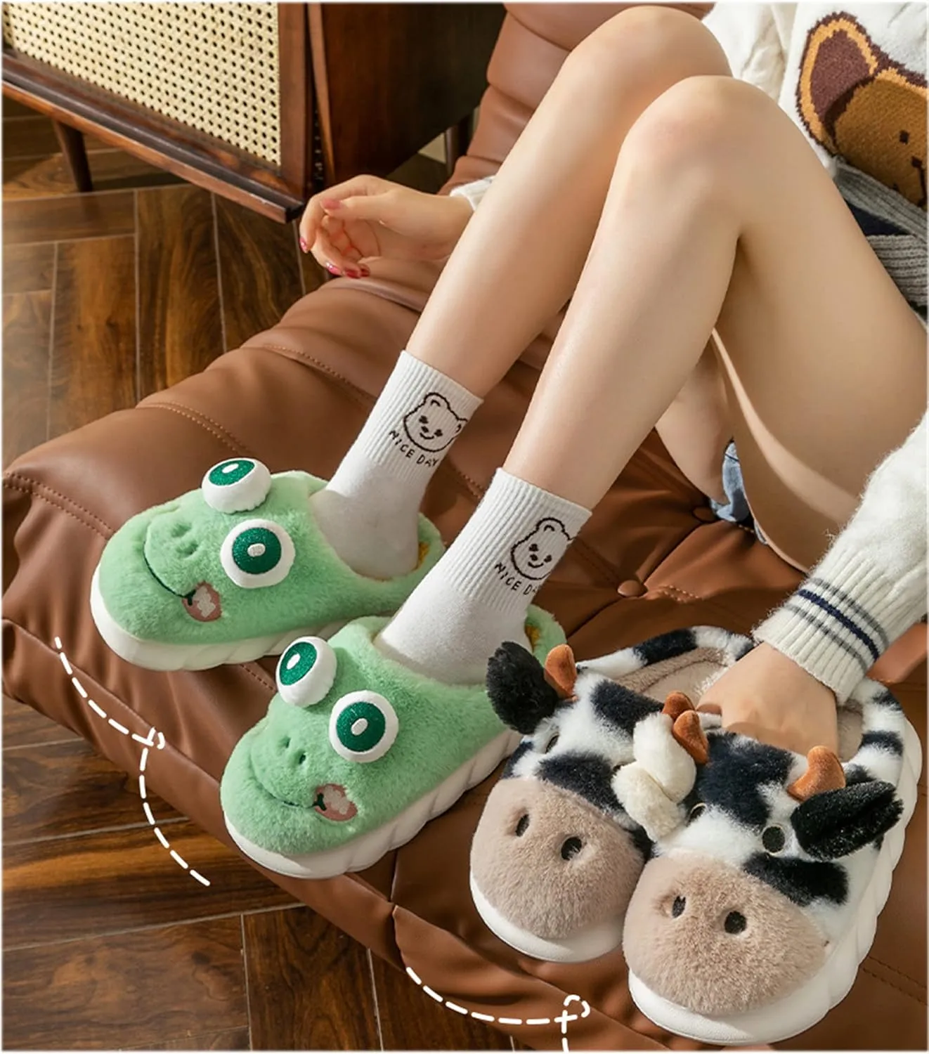 YILANLAN Women's Cute Pig Animal Cow Winter Warm Soft Plush Home Cotton Slippers