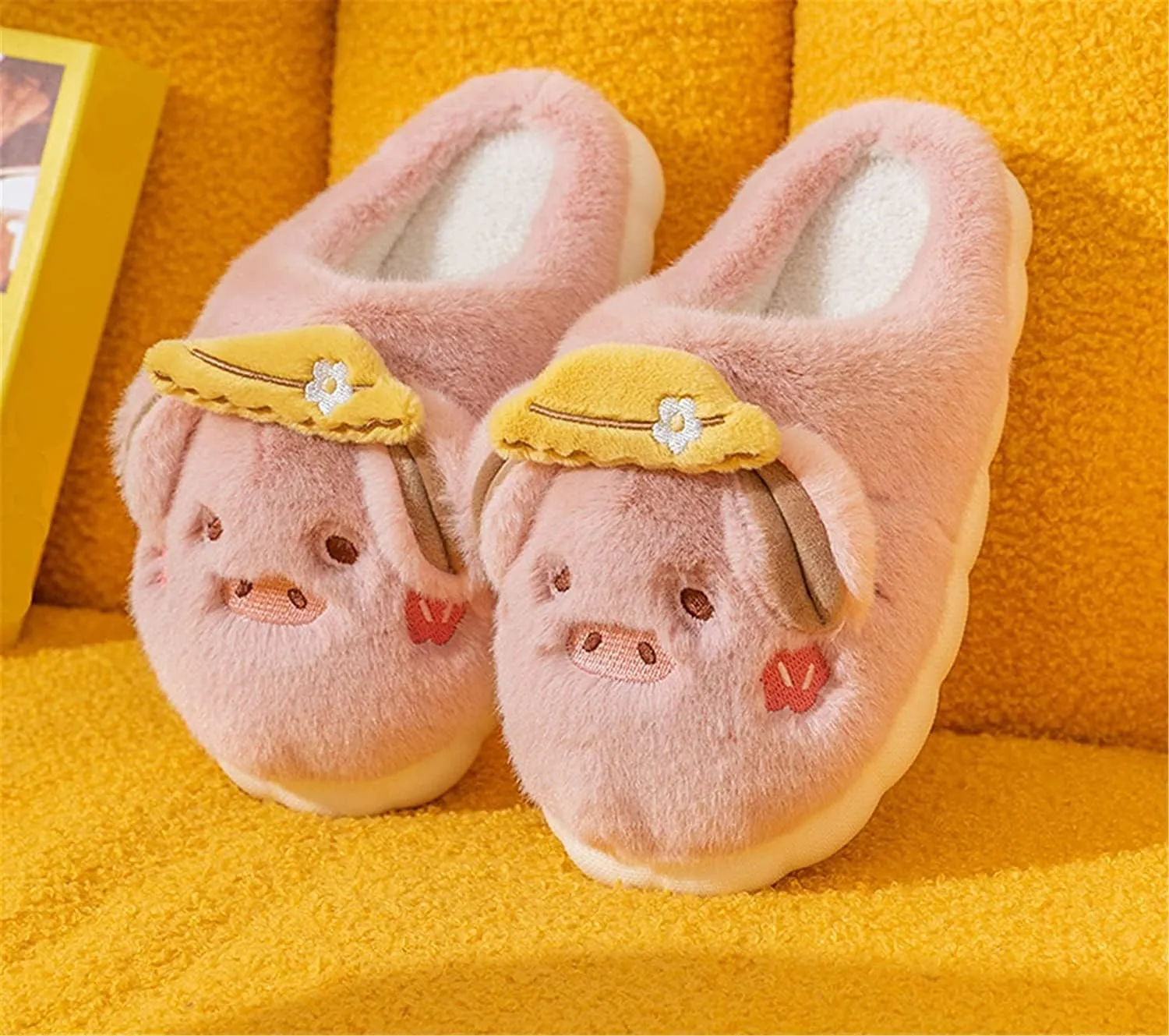 YILANLAN Women's Cute Pig Animal Cow Winter Warm Soft Plush Home Cotton Slippers