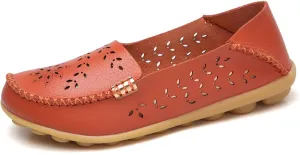 ZWRXW Leather Flats for Women Bohemian Hollow Out Comfort Walking Boat Shoe Summer Dressy Comfortable Breathable Flats Shoes Backless Round Toe Slip On Casual Sneakers Soft Nursing Work Shoes