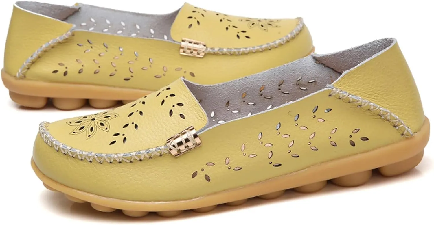 ZWRXW Leather Flats for Women Bohemian Hollow Out Comfort Walking Boat Shoe Summer Dressy Comfortable Breathable Flats Shoes Backless Round Toe Slip On Casual Sneakers Soft Nursing Work Shoes