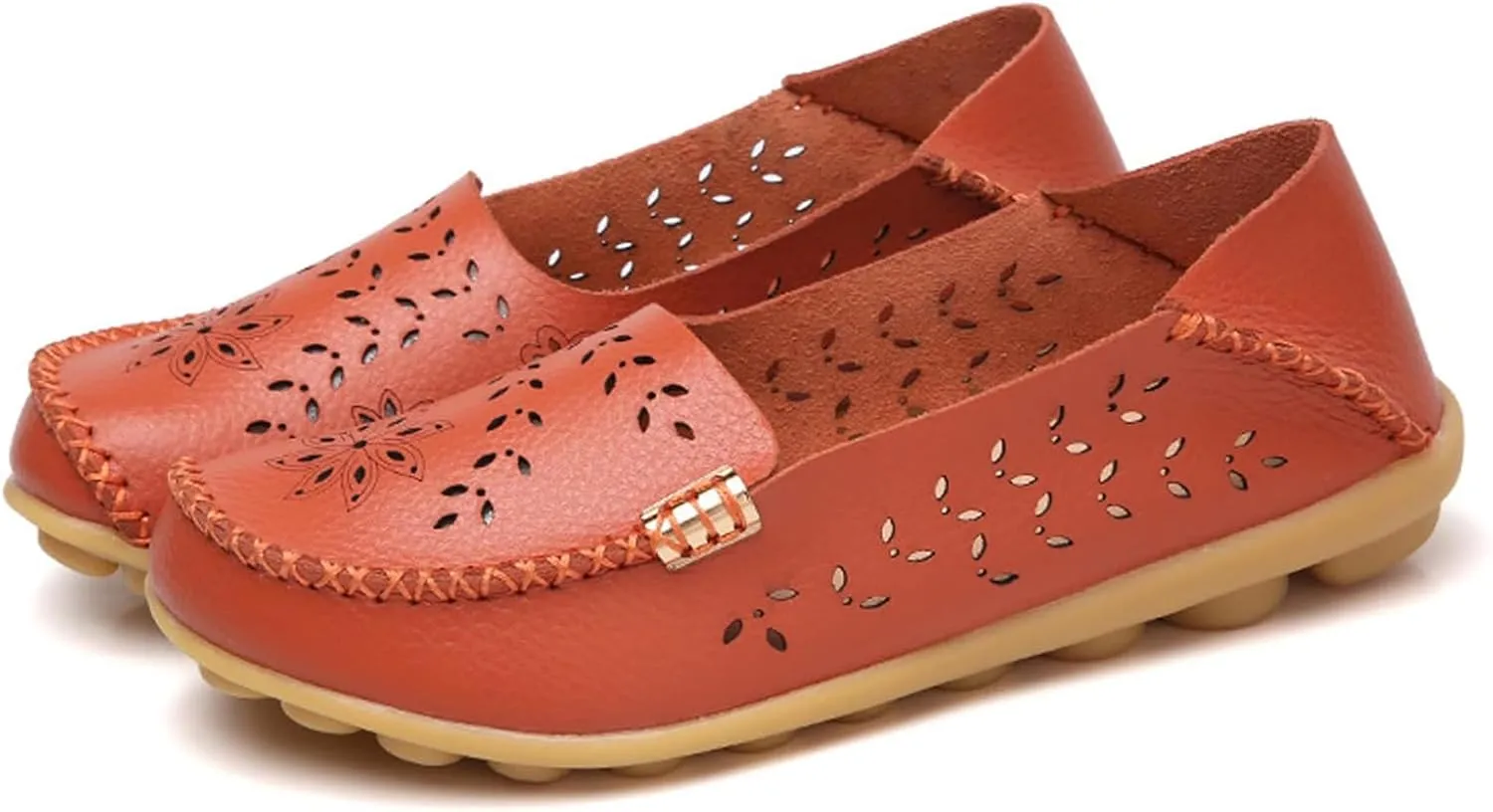 ZWRXW Leather Flats for Women Bohemian Hollow Out Comfort Walking Boat Shoe Summer Dressy Comfortable Breathable Flats Shoes Backless Round Toe Slip On Casual Sneakers Soft Nursing Work Shoes