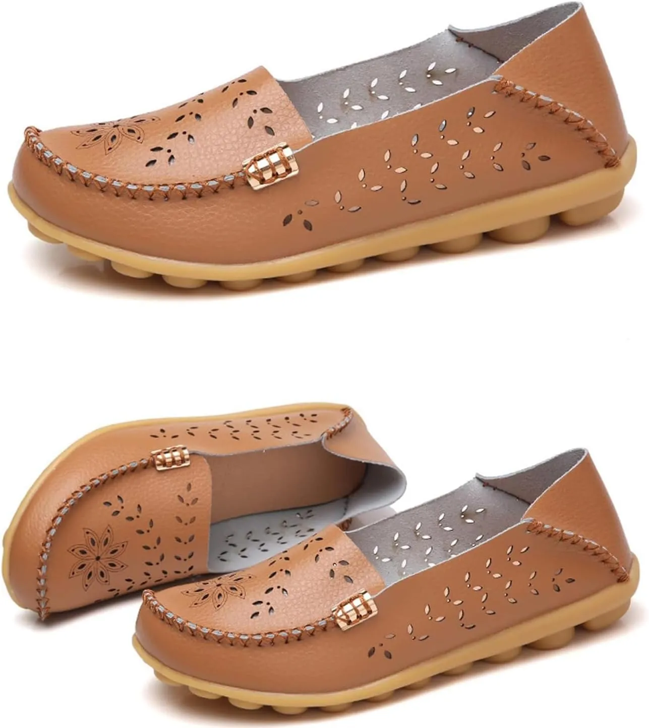 ZWRXW Leather Flats for Women Bohemian Hollow Out Comfort Walking Boat Shoe Summer Dressy Comfortable Breathable Flats Shoes Backless Round Toe Slip On Casual Sneakers Soft Nursing Work Shoes