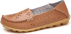 ZWRXW Leather Flats for Women Bohemian Hollow Out Comfort Walking Boat Shoe Summer Dressy Comfortable Breathable Flats Shoes Backless Round Toe Slip On Casual Sneakers Soft Nursing Work Shoes