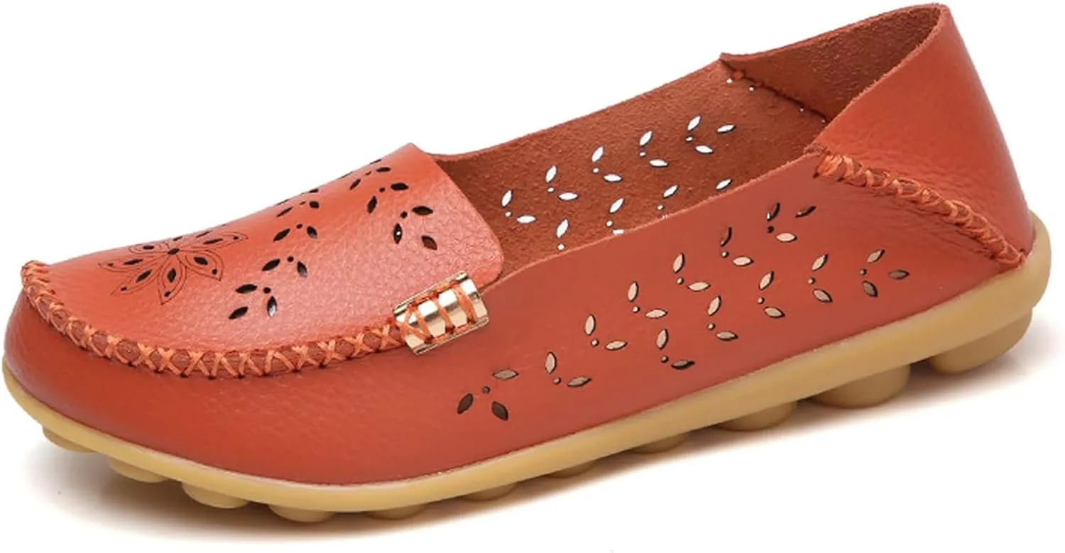 ZWRXW Leather Flats for Women Bohemian Hollow Out Comfort Walking Boat Shoe Summer Dressy Comfortable Breathable Flats Shoes Backless Round Toe Slip On Casual Sneakers Soft Nursing Work Shoes