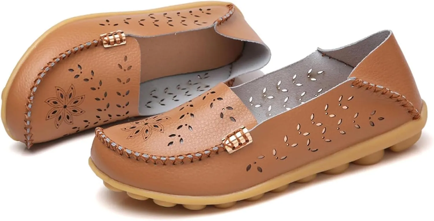 ZWRXW Leather Flats for Women Bohemian Hollow Out Comfort Walking Boat Shoe Summer Dressy Comfortable Breathable Flats Shoes Backless Round Toe Slip On Casual Sneakers Soft Nursing Work Shoes