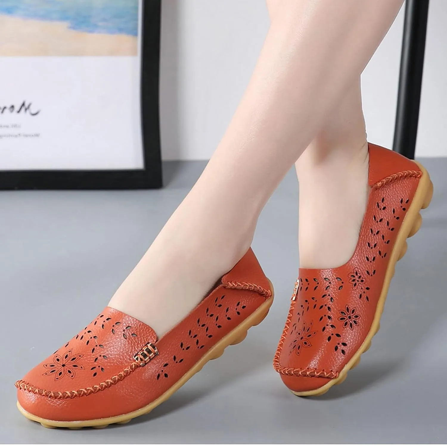ZWRXW Leather Flats for Women Bohemian Hollow Out Comfort Walking Boat Shoe Summer Dressy Comfortable Breathable Flats Shoes Backless Round Toe Slip On Casual Sneakers Soft Nursing Work Shoes