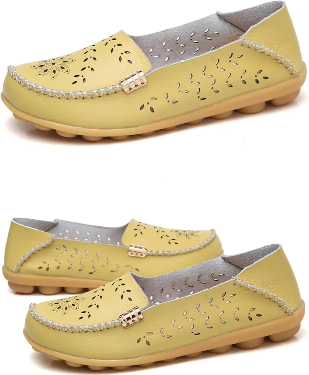 ZWRXW Leather Flats for Women Bohemian Hollow Out Comfort Walking Boat Shoe Summer Dressy Comfortable Breathable Flats Shoes Backless Round Toe Slip On Casual Sneakers Soft Nursing Work Shoes