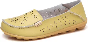 ZWRXW Leather Flats for Women Bohemian Hollow Out Comfort Walking Boat Shoe Summer Dressy Comfortable Breathable Flats Shoes Backless Round Toe Slip On Casual Sneakers Soft Nursing Work Shoes